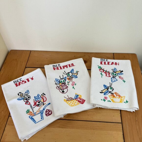 Bee Clean Helpful Tasty Kitchen Tea Towel Dish Cloth Vintage Set of 3 White - Picture 6 of 9